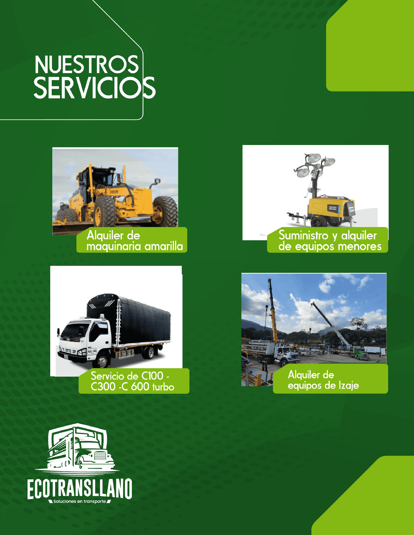Servicios de maquinaria, turbos e izajes presentados en el brochure de ECOTRANSLLANO.